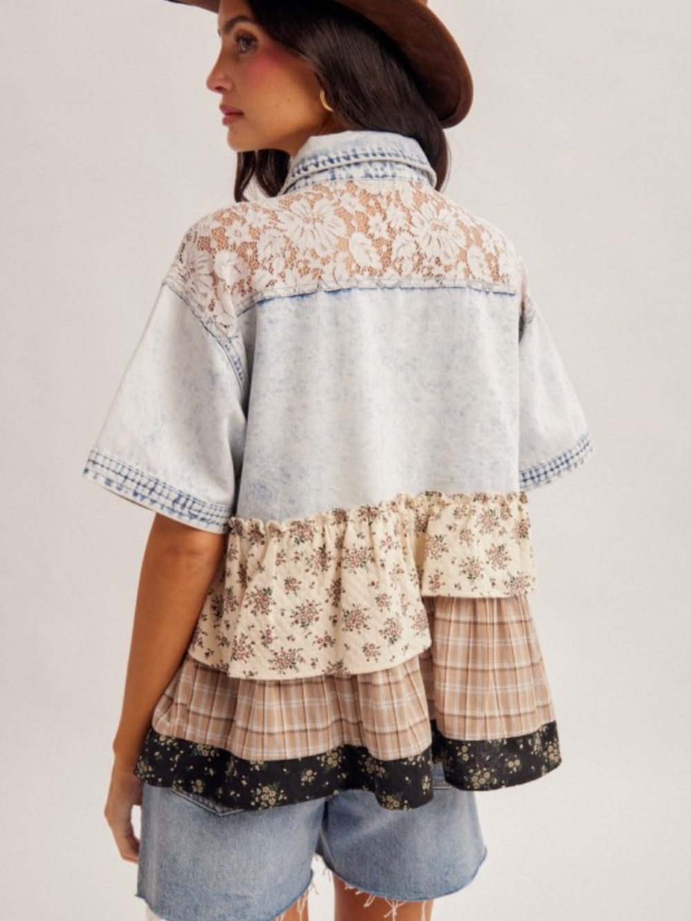 "The Charlotte" Floral Mix Frill Lace Denim Button Down Shirt Jacket - Picture 2 of 4